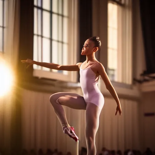 Image similar to a beautiful female performs ballet for a crowd of cameras, 5 0 mm lens, f 1. 4, sharp focus, ethereal, emotionally evoking, head in focus, volumetric lighting, 8 k