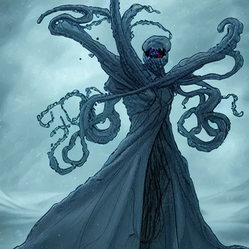 Prompt: concept designs for an ethereal ghostly wraith like figure with a squid like parasite latched onto its head and long tentacle arms that flow lazily but gracefully at its sides like a cloak while it floats around a frozen rocky tundra in the snow searching for lost souls and that hides amongst the shadows in the trees, this character has hydrokinesis and electrokinesis for the resident evil village video game franchise with inspiration from the franchise Bloodborne and the mind flayer from stranger things on netflix