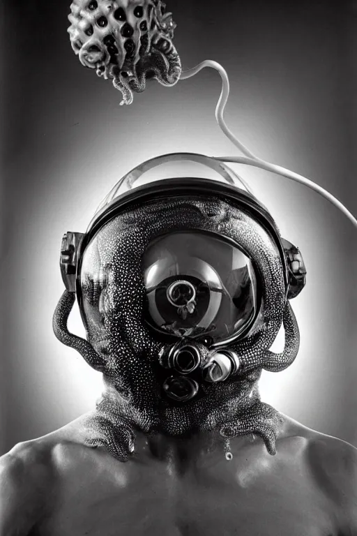 Image similar to extremely detailed studio portrait of space astronaut, alien tentacle protruding from eyes and mouth, slimy tentacle breaking through helmet visor, shattered visor, full body, soft light, disturbing, shocking realization, award winning photo by herb ritts