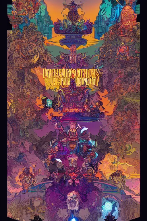 Image similar to hierarchy of the different kings as seen at the royal palace vector illustration vivid multicolor borderlands comics by josan gonzales and dan mumford radiating a glowing aura