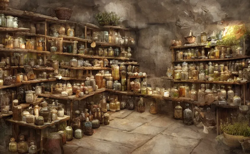 Image similar to an herbalist shop, adobe wall, simple wood shelves, lots of jars and boxes of herbs, dark fantasy matte painting in the style of ruan jia and craig mullins