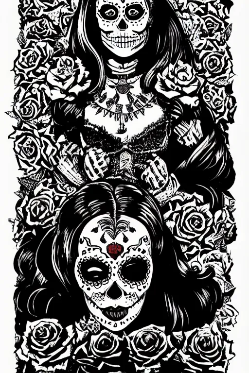 Prompt: Illustration of a sugar skull day of the dead girl, art by Al Feldstein
