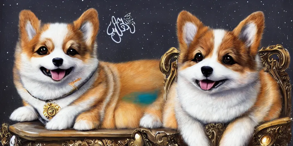 Prompt: highly detailed painting of a cute fluffy graffiti hiphop corgi king chilling on his throne, by Anna Dittmann and Hikari Shimoda , trending on Artstation, 8k, masterpiece, intricate detail