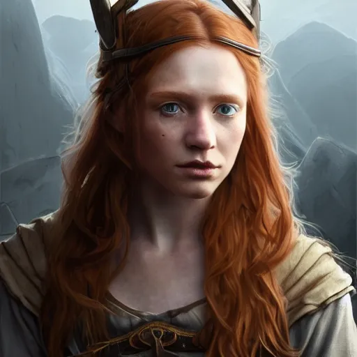 Prompt: epic portrait, an female viking medic, glossy lips, pretty, long ginger hair, puppy eyes, digital painting, artstation, concept art, soft light, hdri, smooth, sharp focus, illustration, fantasy, intricate, elegant, highly detailed, D&D, matte painting, in the style of Greg Rutkowski and Alphonse Mucha and artemisia, 8k,