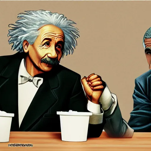 Image similar to Einstein and Obama taking a shit on table at McDonalds, ultra detailed, photorealistic, dramatic lighting