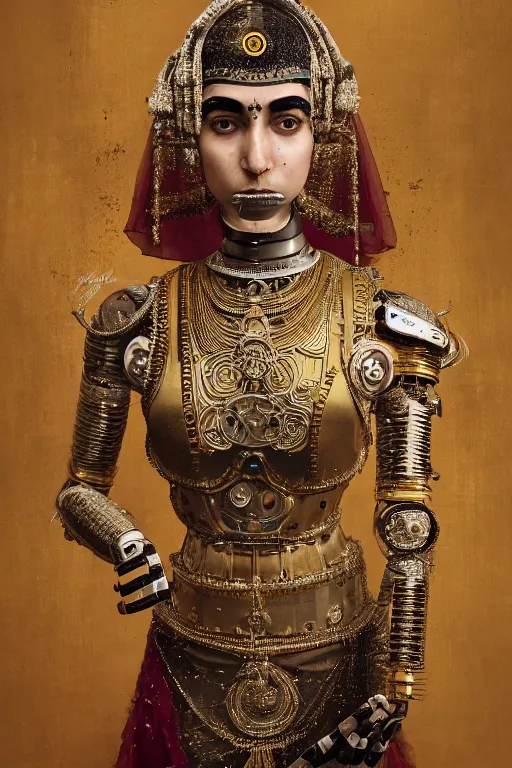 Prompt: a beautiful ultradetailed fine art photo of an ex machina robot dressed as an indian classical dancer, by tom bagshaw and zach sutton, portrait, 3 5 mm lens, golden ratio composition, detailed face, simple elegant mechanical robot, studio photography, very detailed, dressed in silk, artstation, 8 k, highly coherent