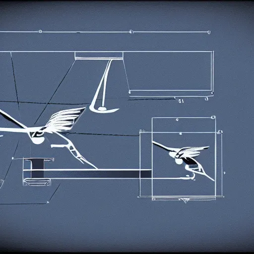 Image similar to blueprint of a flying bird - like robot with cameras for eyes.