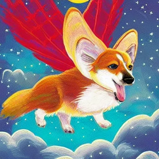 Image similar to corgi with [ angelic wings ]!!, [ flying like a superhero ]!! in the [ night sky ]!! where the stars are visibly perceptible, [ illustration via a child ]!!