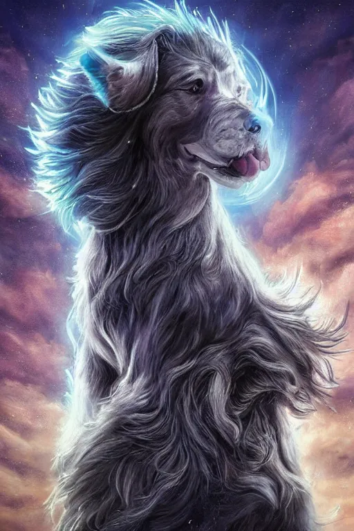 Image similar to Dog as a god with a radiant halo, detailed face, gorgeous, amazing, flowing hair, very muscular male body, partial anatomy, stormy background, caesar victorious, proud Emperor, crepuscular ray, intricate, highly detailed, 8K, digital painting, fantasy, artstation, concept art, sharp focus, over-shoulder shot, illustration, art by greg rutkowski beeple and alphonse mucha, laica chrose