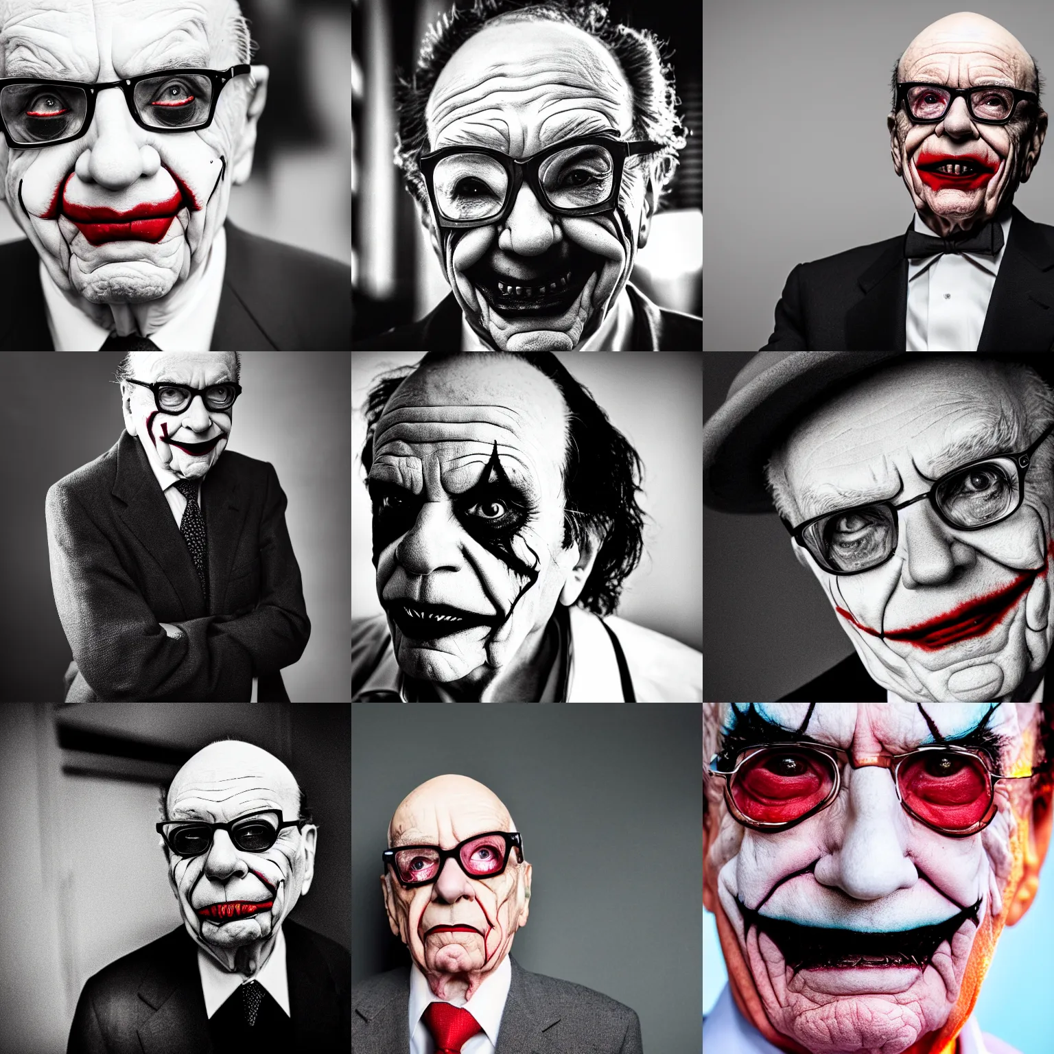 Prompt: Rupert Murdoch as the joker, Rupert Murdoch, joker makeup, portrait photography, depth of field, bokeh