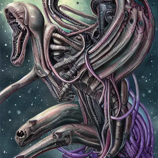 Image similar to detailed painting of a hybrid between a xenomorph and a my little pony, in the style of h r giger and wayne barlowe