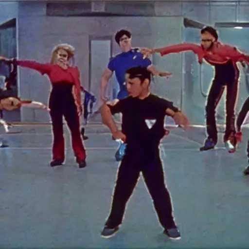 Image similar to film still of 'Future Force 2050' (1995). Scene where the spaceship crew compete in a break dancing contest.