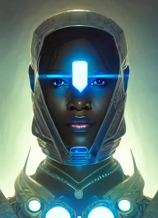 Prompt: Symmetry!! portrait of an african warrior, sci-fi armour, tech wear, glowing lights!! sci-fi, intricate, elegant, highly detailed, digital painting, artstation, concept art, smooth, sharp focus, illustration, art by artgerm and greg rutkowski and alphonse mucha
