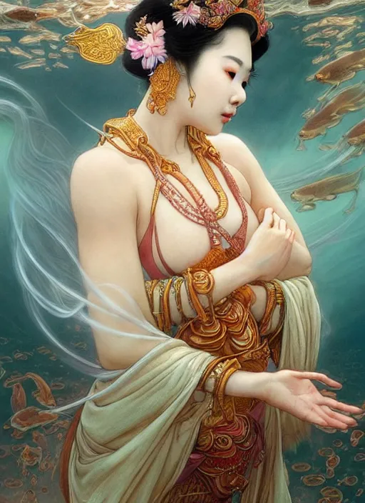 Prompt: asian goddess of the koi!! portrait of a seductive queen in underwater murky light, wind blown hair! fantasy esoteric, closeup, d & d, fantasy, intricate, elegant, highly detailed, digital painting, artstation, concept art, matte, sharp focus, illustration, art by artgerm and tom bagshaw and greg rutkowski and alphonse mucha