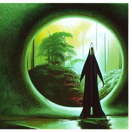 Image similar to portal in a middle of a lush futuristic forest, alien world seen through a portal, person in a cloak standing in front of a portal, syd mead, john harris