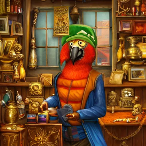 Image similar to Anthropomorphized parrot trader in his shop, selling his wares, portrait, items, gold, carpet, window, sly l, cunning expression, presenting wares, holding a gold bag, D&D, fantasy, cinematic lighting, highly detailed, digital painting, artstation, concept art, smooth, sharp focus, illustration, warm light, cozy warm tint, magic the gathering artwork, volumetric lighting, 8k, art by Akihiko Yoshida, Greg Rutkowski