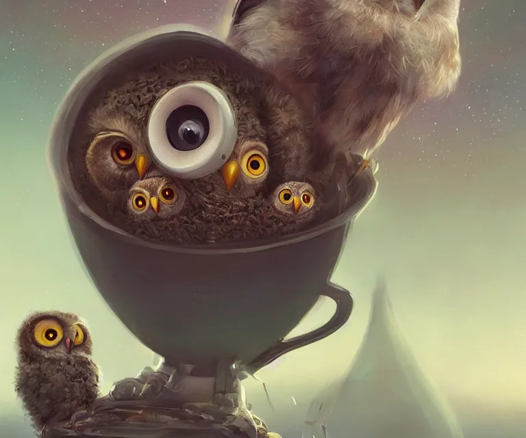 Image similar to long shot of a very cute owl chick nesting in a very futuristic cup, esao andrews, humorous illustration, hyperrealistic, big depth of field, warm colors, night scenery, low light, 3 d octane render, 4 k, conceptart, hyperdetailed, hyperrealistic, trending on artstation