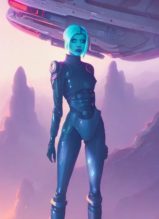 Image similar to kylie jenner as a futuristic space ninja, stephen bliss, unreal engine, fantasy art by greg rutkowski, loish, rhads, ferdinand knab, makoto shinkai and lois van baarle, ilya kuvshinov, rossdraws, tom bagshaw, alphonse mucha, global illumination, radiant light