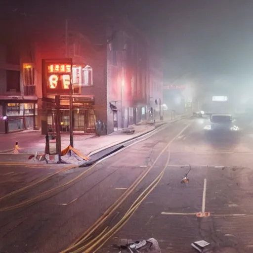 Image similar to A stunningly beautiful award-winning 8K high angle from 2nd floor cinematic movie photograph looking down diagonally across a spooky dark very foggy empty lightless main street intersection in an abandoned 1950s small town at night. perfect composition, moody low key. Color palette from Seven, greens yellows and reds. 2 point perspective. Octane render