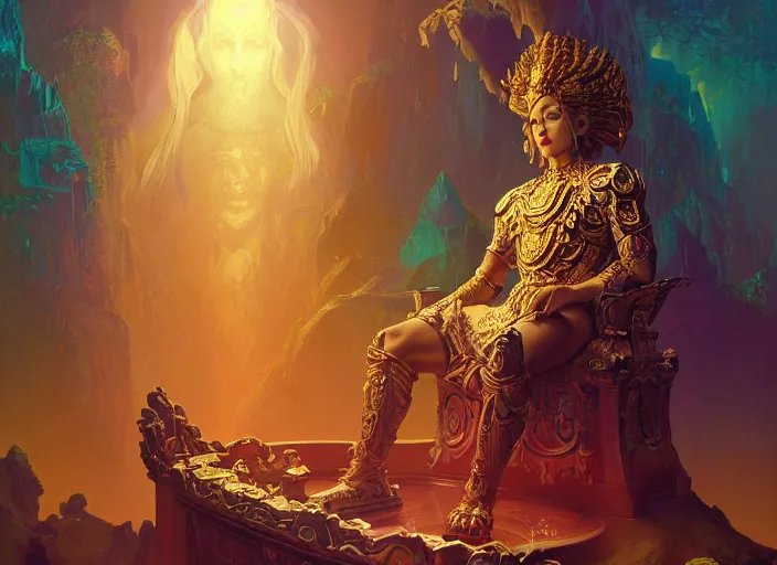 Image similar to wide view picture of a extremely beautiful and aesthetic lord of materialization, sitting on the throne, centred position, bright hair, floating greed cubes on the background, lighting eyes, magic and fantasy, highly detailed face, specular reflection, occlusion shadow, intricate, masterpiece, by ilya kuvshinov and jeremy lipking and quentin mabille