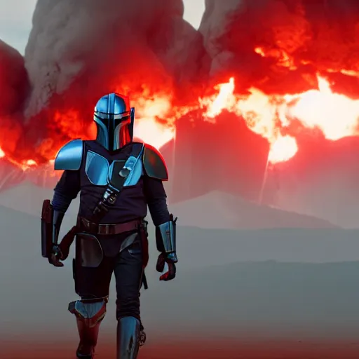 Image similar to the mandolorian walking away from huge explosion, 8k, cinematic, photorealistic