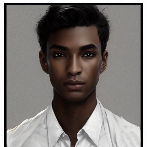 Image similar to ultra realistic illustration, young man with dark gray skin, short white hair, intricate, with dark clothes, elegant, highly detailed, digital painting, artstation, concept art, smooth, sharp focus, illustration, art by artgerm and greg rutkowski and alphonse mucha