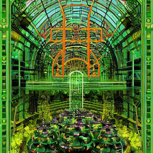 Prompt: a post - singularity solarpunk harmonic green lush overgrown utopia in which wired up the ai synthesizer on the center stage highest goal is to induce the utmost state of happiness to its people by creating and playing music, blissful, unreal, 4 k, hyperrealistic, refraction, bryce 3 d, architecture, by victor henrich, art nouveau