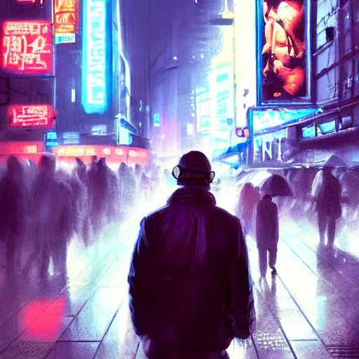 Image similar to man smoking taking picture with disposable camera in the crowded street of a cyberpunk city, rain, harsh neon lights, highly detailed, digital painting, trending on artstation, concept art, sharp focus, illustration, art by artgerm and greg rutkowski and magali villeneuve