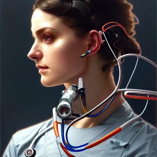 Prompt: portrait of medical paramedic cyborrg,wires,gadgets,cables,lenses,gears intricate, elegant, highly detailed, digital painting, artstation, concept art, smooth, sharp focus, illustration, art by artgerm and greg rutkowski and alphonse mucha