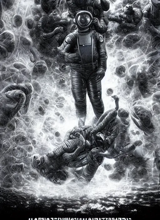 Prompt: astronauts in dark and empty void underwater - complex and hyperdetailed technical suit. reflection and dispersion materials. rays and dispersion of light. volumetric light. 5 0 mm, f / 3 2. noise film photo. flash photography. ultra realistic, wide angle. poster by wayne barlowe, hajime sorayama aaron horkey, craig mullins. polaroid.