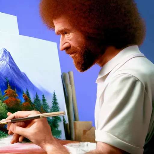 Image similar to a closeup photorealistic photograph of bob ross working on a canvas painting of mickey mouse. film still. brightly lit scene. mountains and trees. this 4 k hd image is trending on artstation, featured on behance, well - rendered, extra crisp, features intricate detail, epic composition and the style of unreal engine.