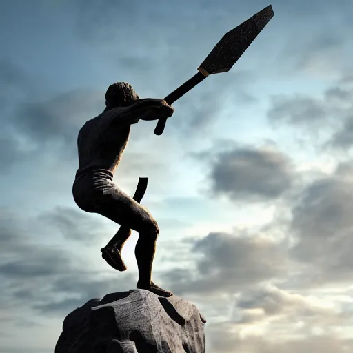 Prompt: A marble statue of a man kicking the Earth with a pickaxe, Hyperrealistic, 8K HDR, dramatic light.