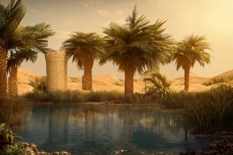 Prompt: perfume bottle buried in oasis in the middle of a desert, dramatic, small pond middle frame, palm trees, bushes, mid day, sand dune background, large scale, hyperrealistic, lots of detail, realistic lighting, octane render, by wlop, artgerm, trending on artstation