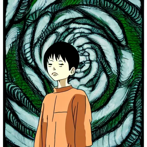 Image similar to junji ito ’ s uzumaki in the style of studio ghibli