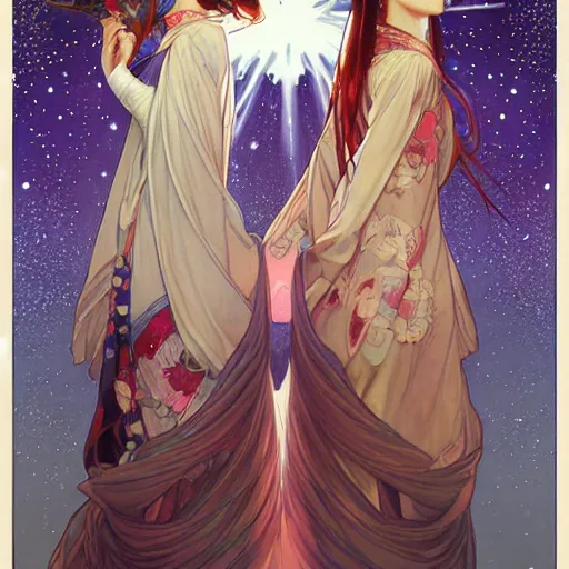 Image similar to two beautiful girls watching fireworks, digital art, by range murata, akiyuki shinbou, alphonse mucha, masamune shirow, josan gonzales, highly detailed, realistic, cinematic