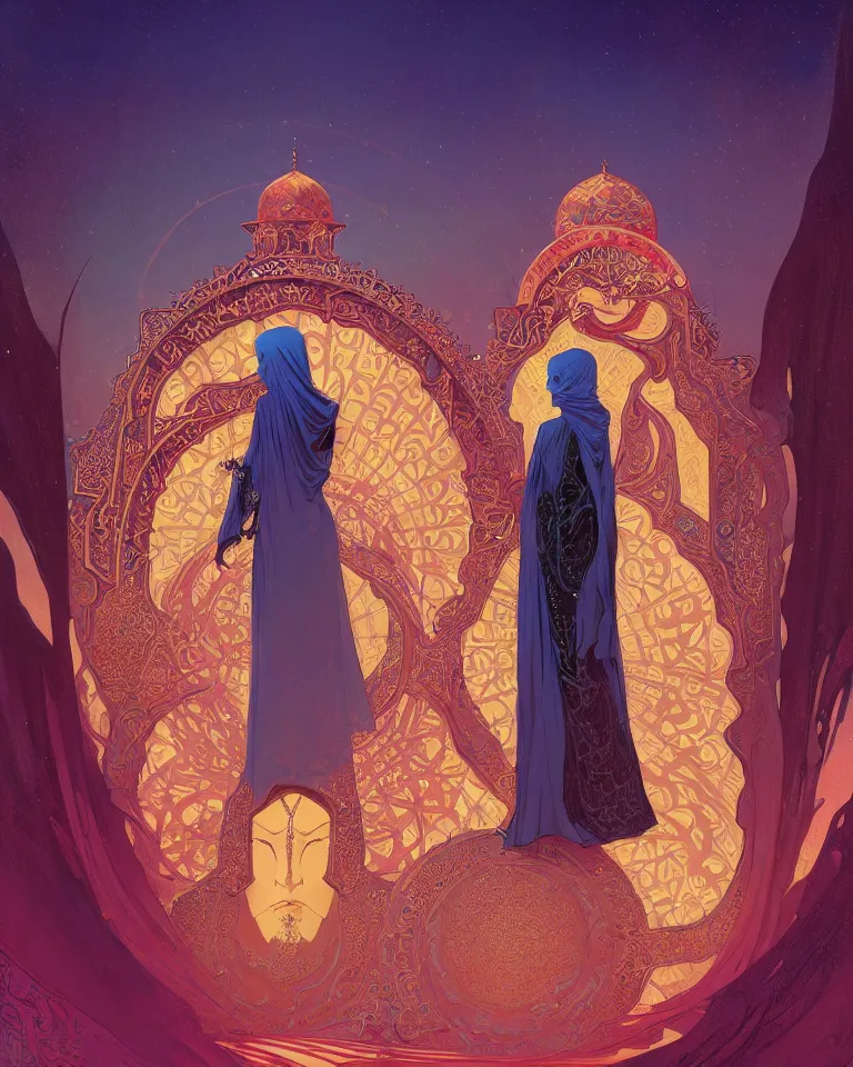 Image similar to portrait of an islamic empress combined with a surreal islamic style ornamental gate in the desert opening into an other dimension. by vincent di fate, james jean, dom qwek greg rutkowski alphonse mucha. ornament, intarsia, ambient lighting, atmospherical, photorealistic fantasy concept art, trending on art station, stunning visuals, creative, cinematic, ultra detailed