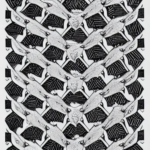 Image similar to a pattern of white wolves transitioning into black geese by mc escher, goose geese black, wolves canine species white, hexagonal pattern, crystallography, intricate details, shading, ink dots, mathematical interlocking, puzzle, screen print, lithography, frameless