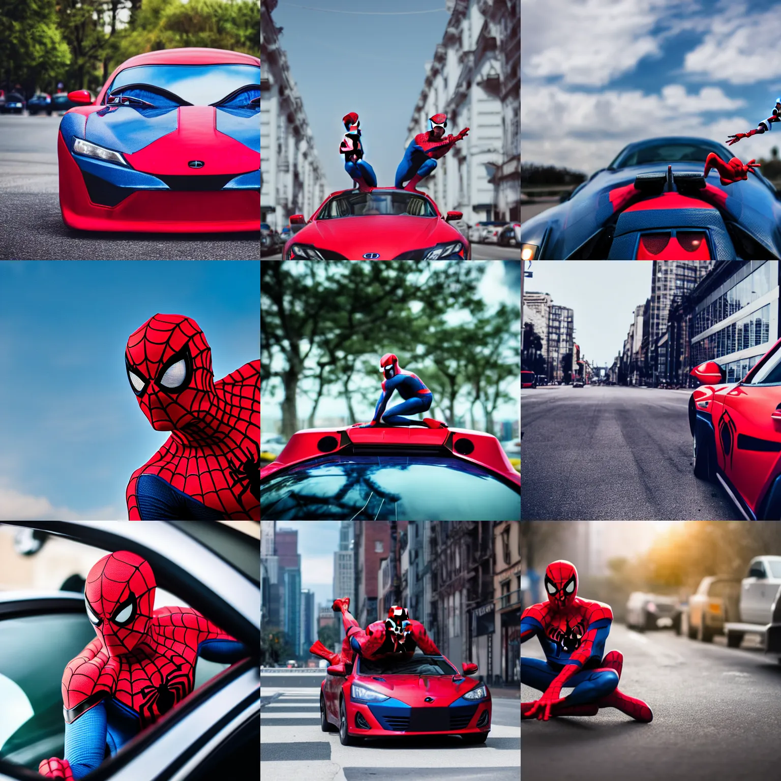 Prompt: Spider-Man as a car, wide shot, unsplash 4k, midday, professional photography