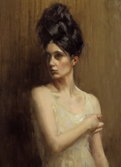 Prompt: beautiful portrait painting of a victorian woman posing in an artistic pose, by jeremy mann, only one head single portrait