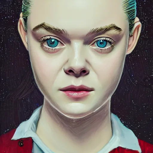 Prompt: professional painting of Elle Fanning in the style of the movie Shape of Water, head and shoulders portrait, symmetrical facial features, smooth, sharp focus, illustration, intricate, stormy weather, extremely detailed masterpiece,