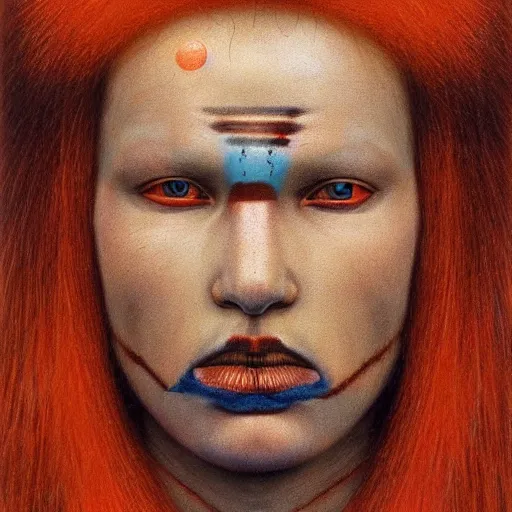 Image similar to symmetric portrait of indigenous warrior, turquoise and orange hair. realistic. high detail.by zdzisław beksiński