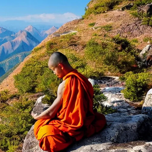 Image similar to a monk meditating on a tall mountain peak, beautiful background