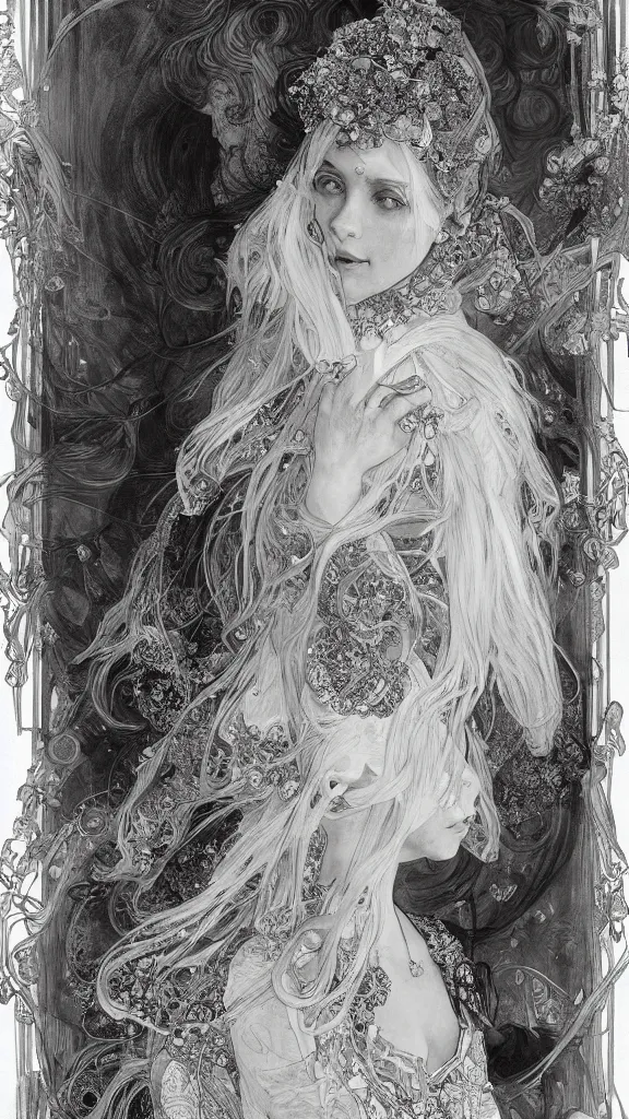 Prompt: a highly detailed beautiful white haired woman, adorned with precious stones, pen and ink, intricate line drawings by jeremy mann and alphonse mucha, 8 k resolution, trending on artstation, very very detailed, masterpiece, stunning,