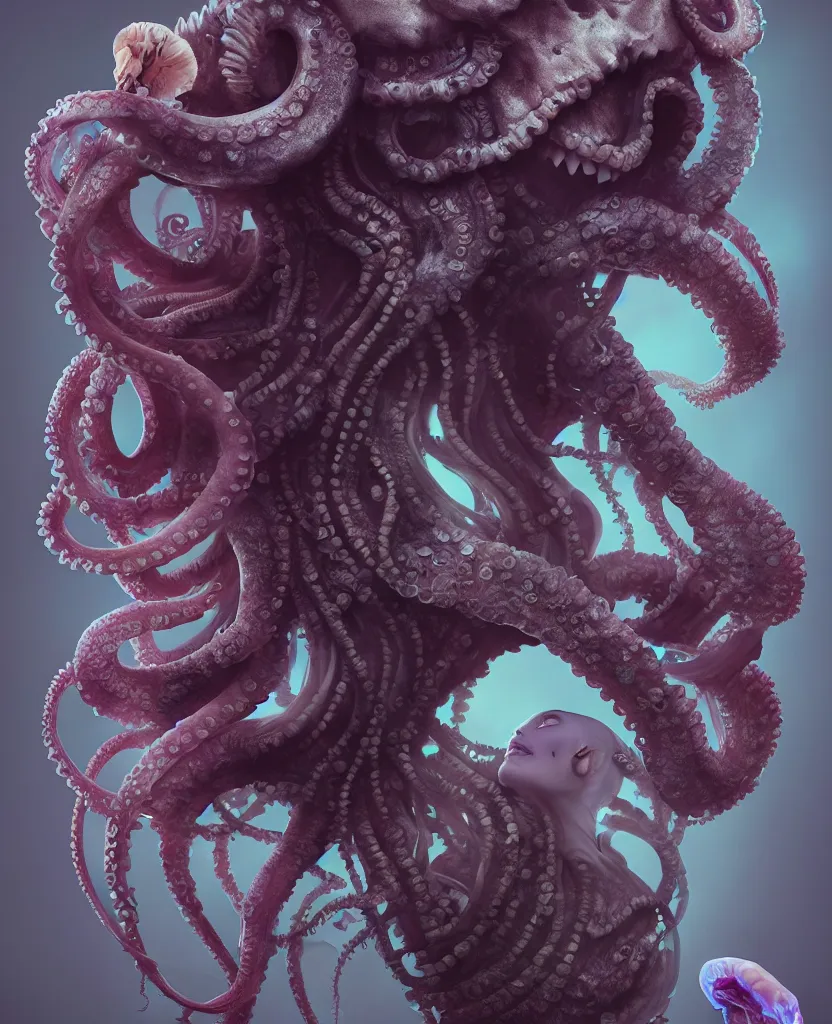 Image similar to goddess close - up portrait human skeleton, ram skull, octopus, jellyfish, orchid, betta fish, bioluminiscent, intricate artwork by tooth wu and wlop and beeple. octane render, trending on artstation, greg rutkowski very coherent symmetrical artwork. cinematic, hyper realism, high detail, octane render, 8 k