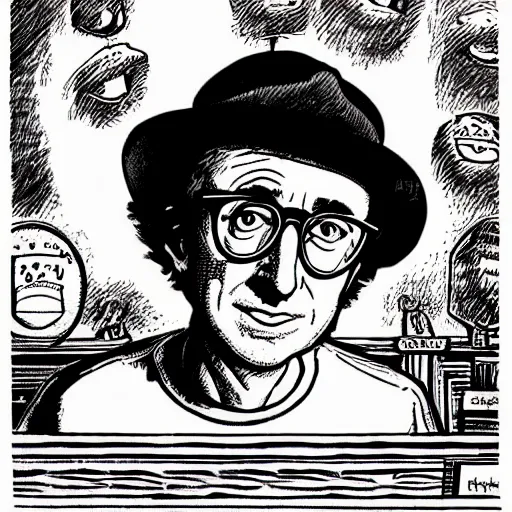 Image similar to a portrait illustration of Woody Allen drawn by ROBERT CRUMB