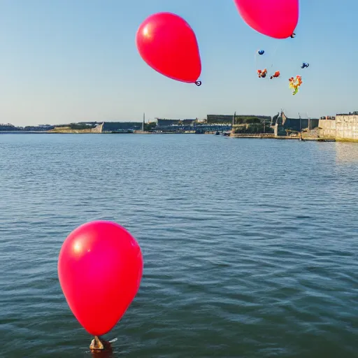 Prompt: photo of a lot of birthday balloons floating above a beautiful maritime port in bretagne. sharp focus, highly - detailed, award - winning, epic cinematic
