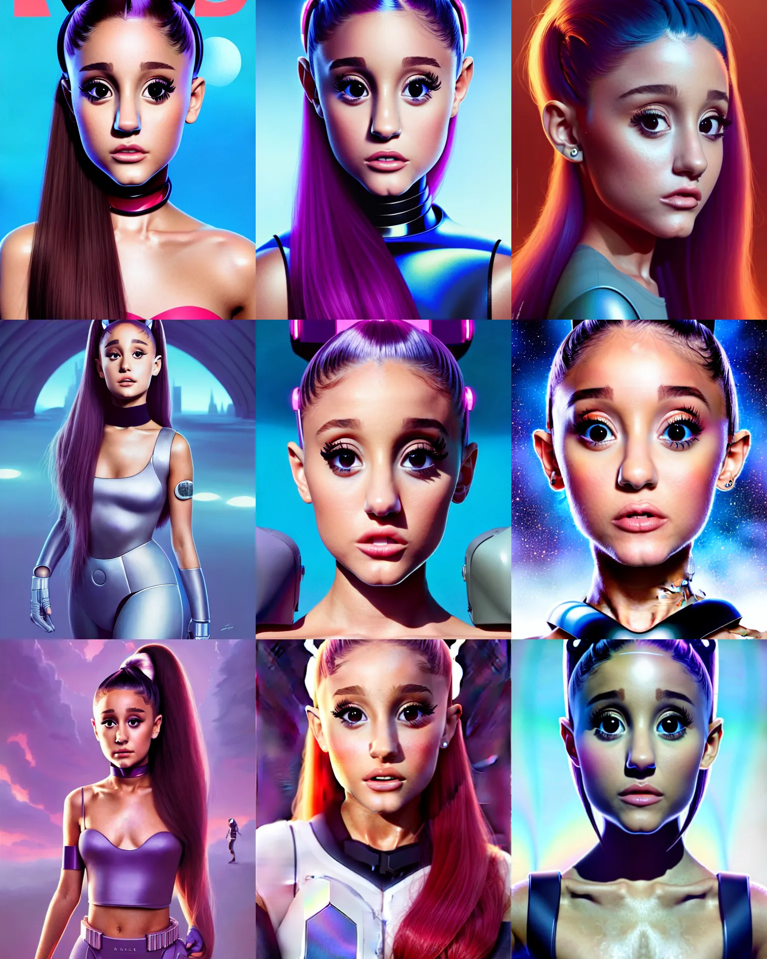 Prompt: a magazine cover portrait photo of ariana grande : : college woman : : as future samsung cyborg woman on a lush alien world by weta : : by greg rutkowski, wlop, rossdraws, artgerm, pixar, disney, unreal engine, glossy skin, pearlescent, shiny, 4 k, hdr, bright morning, : :