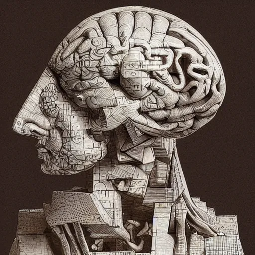 Prompt: a statue constructing a mind / brain piece by piece, artwork by leonardo davinci, mc escher, moebius, cyberpunk