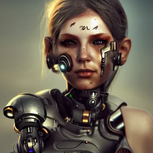 Prompt: beautiful female cyborg, full round face, short smile, full body, post apocalyptic setting, medium shot, mid-shot, highly detailed, trending on Artstation