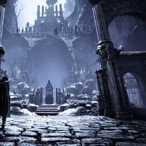 Image similar to a cave entrance in the middle of a city, screenshot from bloodborne, professional work, stunning screenshot